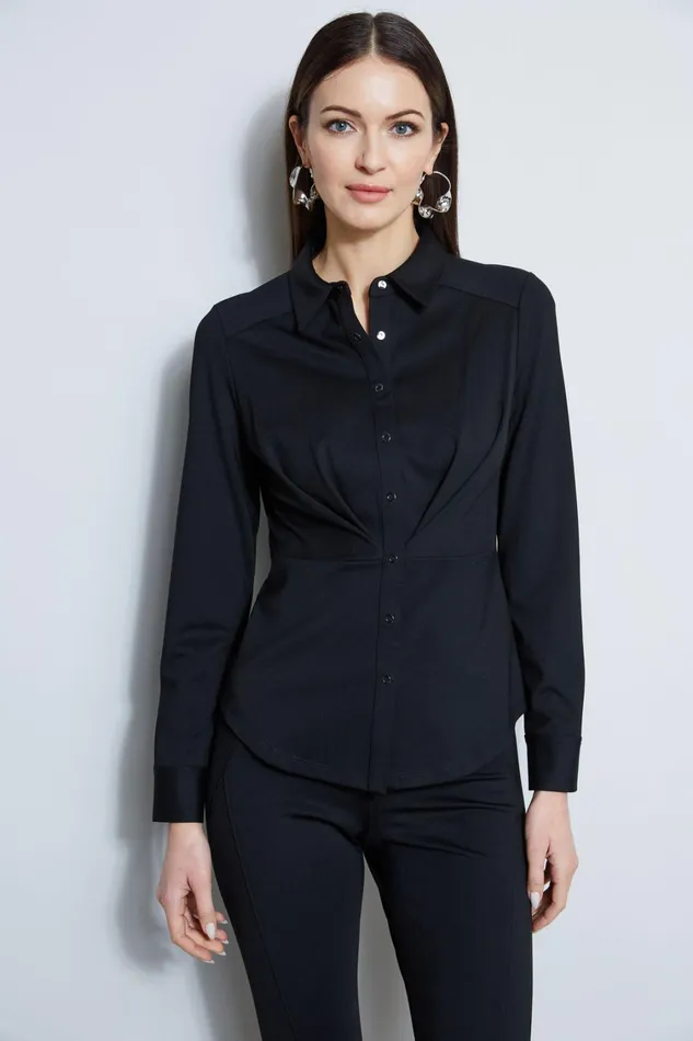 Elie Tahari Tops Ponte Pleated Button Down Shirt Black 8211 Women