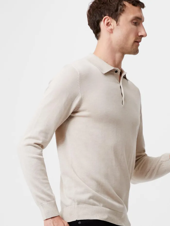 French Connection 3 Button Knit Polo Shirt Stone Man Knitwear