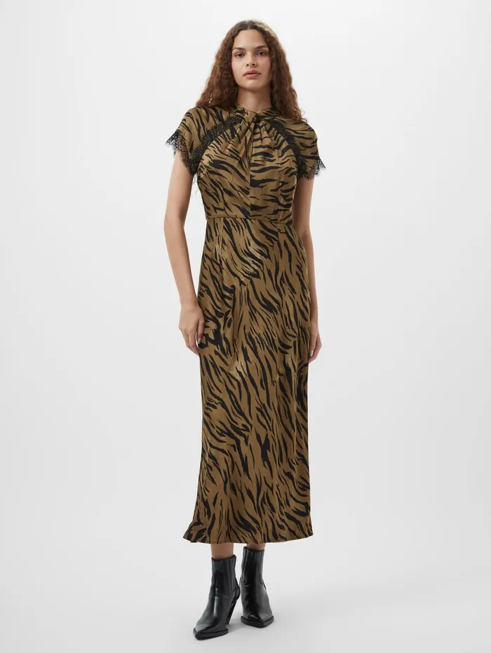 French Connection Adeline Ennis Eco Satin Lace Trim Dress Golden Olive Khaki Woman Dresses