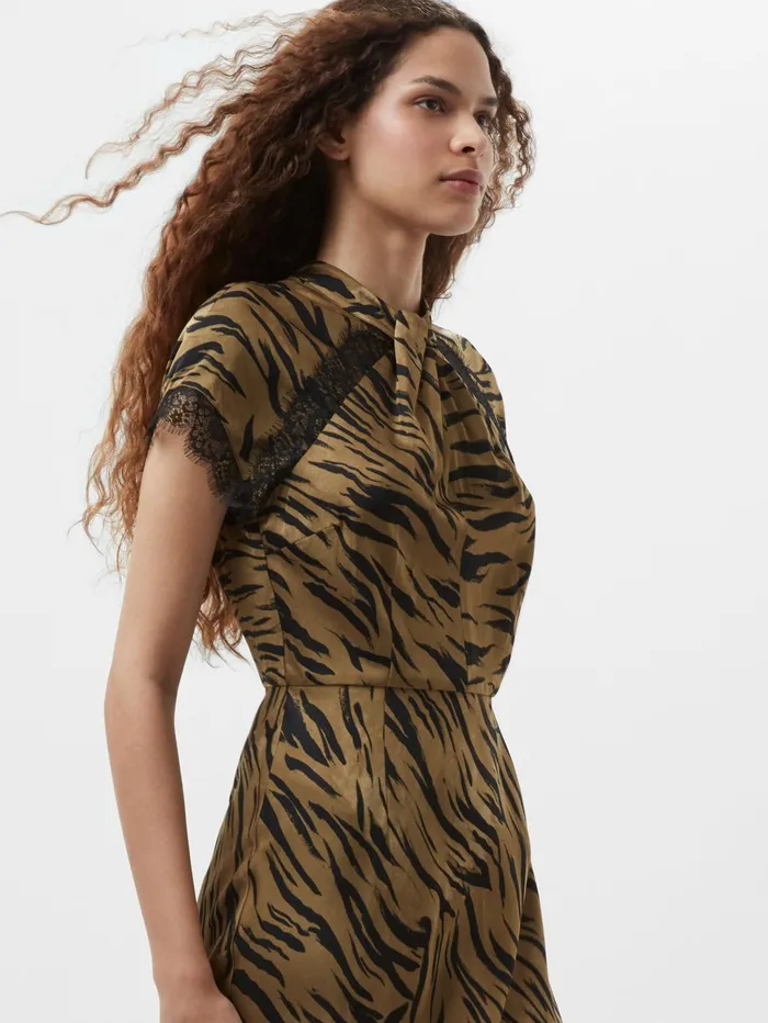 French Connection Adeline Ennis Eco Satin Lace Trim Dress Golden Olive Khaki Woman Dresses