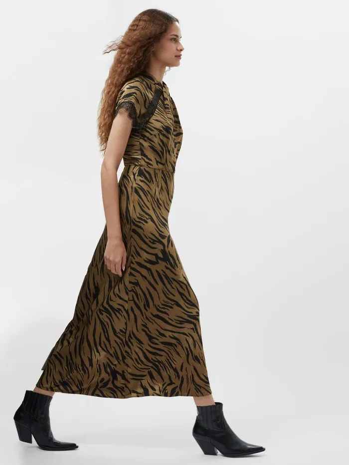 French Connection Adeline Ennis Eco Satin Lace Trim Dress Golden Olive Khaki Woman Dresses