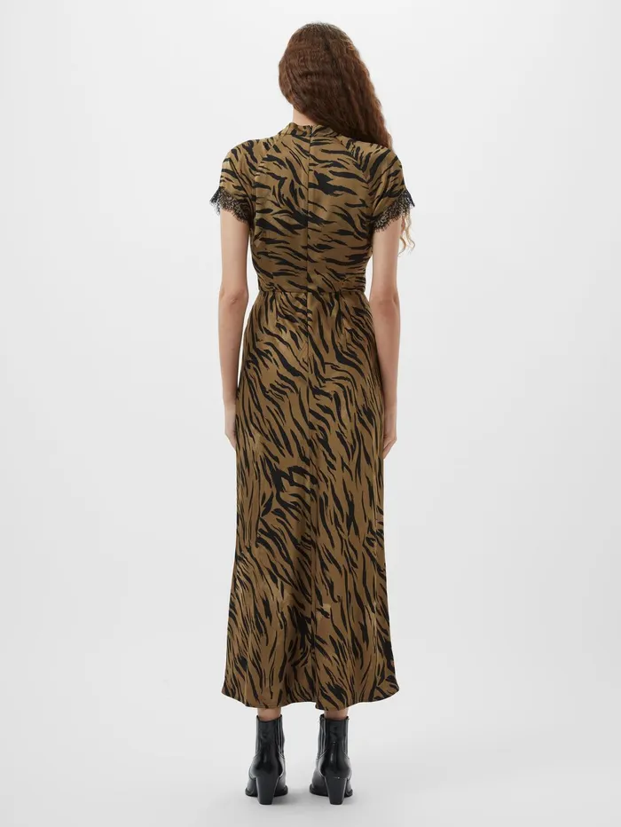 French Connection Adeline Ennis Eco Satin Lace Trim Dress Golden Olive Khaki Woman Dresses
