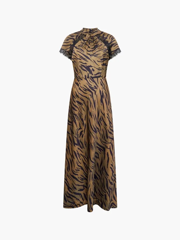 French Connection Adeline Ennis Eco Satin Lace Trim Dress Golden Olive Khaki Woman Dresses