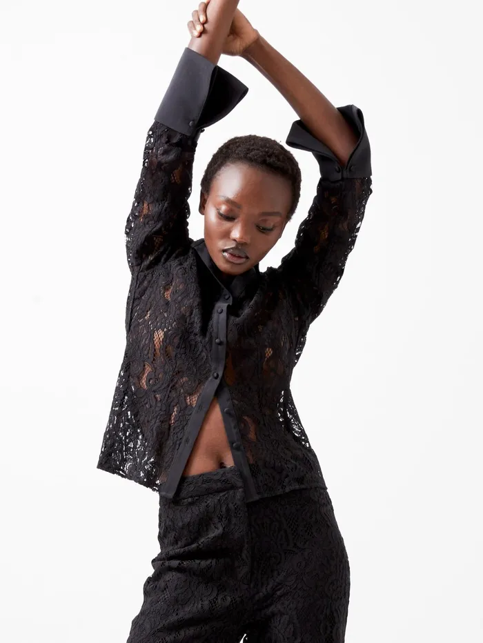 French Connection Asura Lace Long Sleeve Shirt Blackout Woman Tops