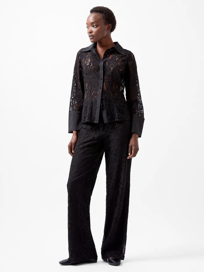 French Connection Asura Lace Long Sleeve Shirt Blackout Woman Tops