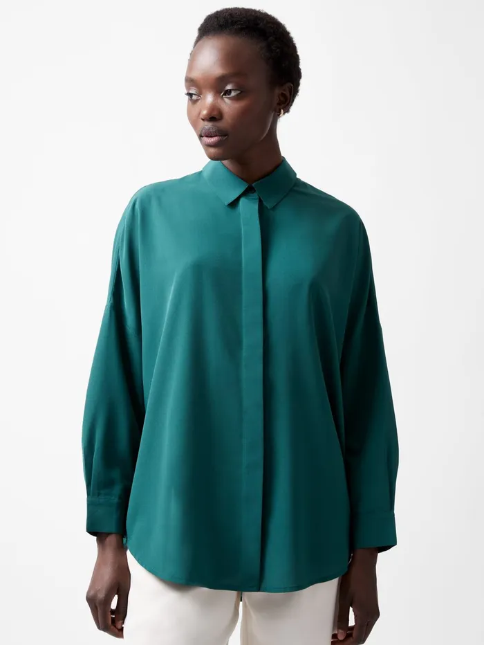 French Connection Caprina Recycled Crepe Long Sleeve Button Shirt Forest Woman Tops