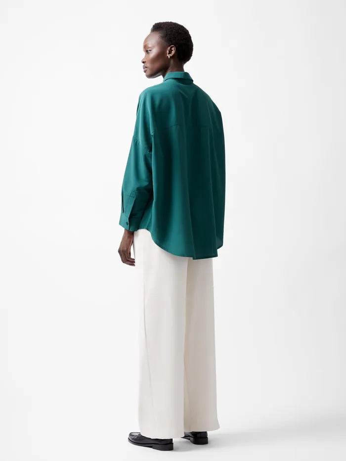 French Connection Caprina Recycled Crepe Long Sleeve Button Shirt Forest Woman Tops