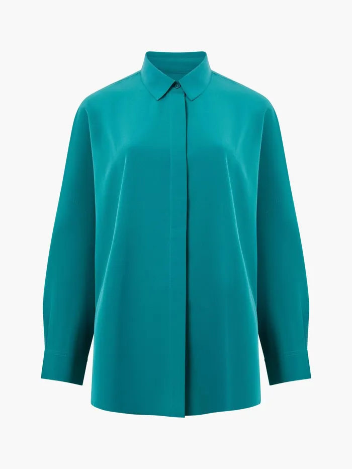 French Connection Caprina Recycled Crepe Long Sleeve Button Shirt Forest Woman Tops