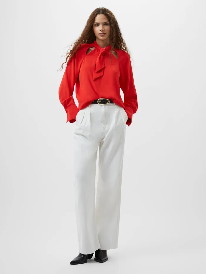 French Connection Carmen Recycled Crepe Tie Neck Blouse Scarlet Red Woman Tops