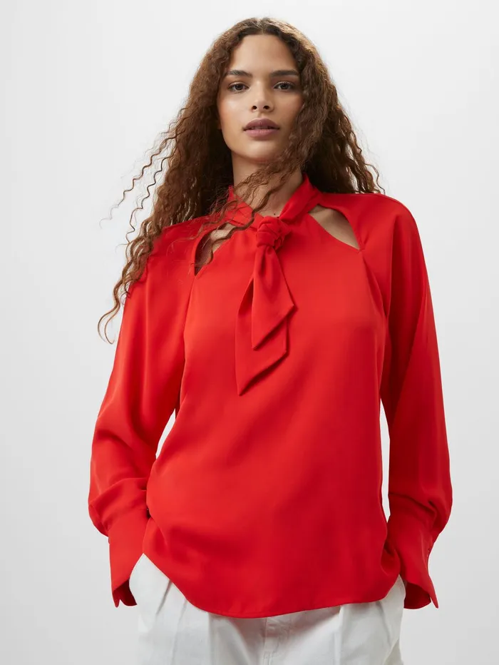 French Connection Carmen Recycled Crepe Tie Neck Blouse Scarlet Red Woman Tops