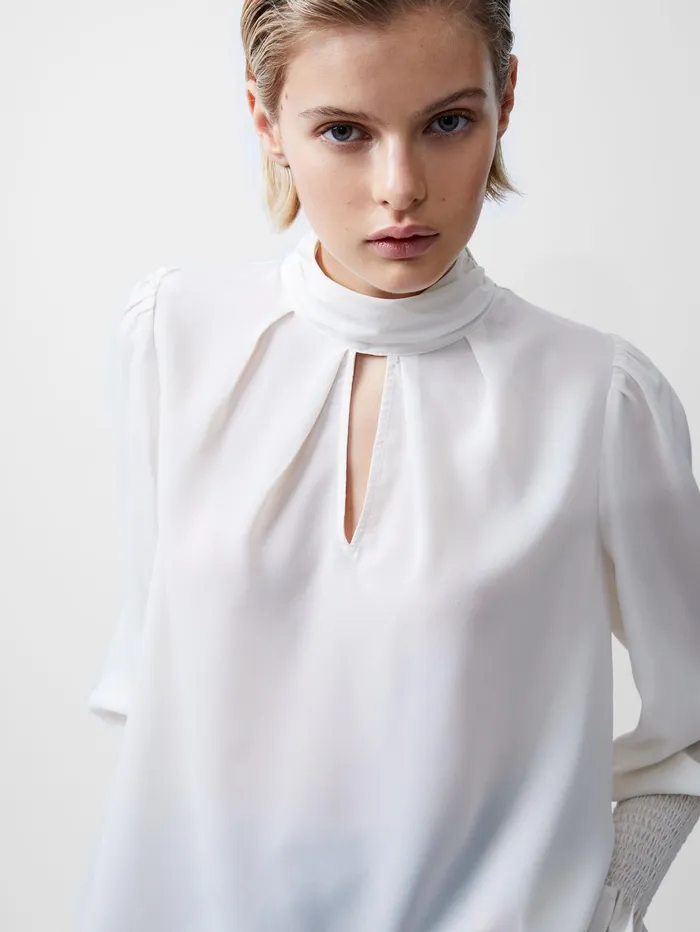French Connection Crepe Light High Neck Long Sleeve Top Porcelain Cream Woman Tops French Connection Crepe Light High Neck Long Sleeve Top Porcelain Cream Woman Tops