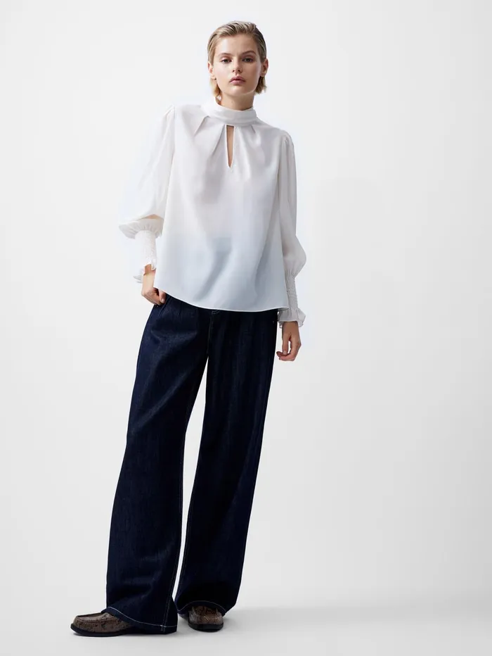 French Connection Crepe Light High Neck Long Sleeve Top Porcelain Cream Woman Tops