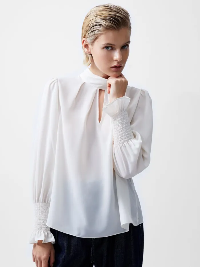 French Connection Crepe Light High Neck Long Sleeve Top Porcelain Cream Woman Tops