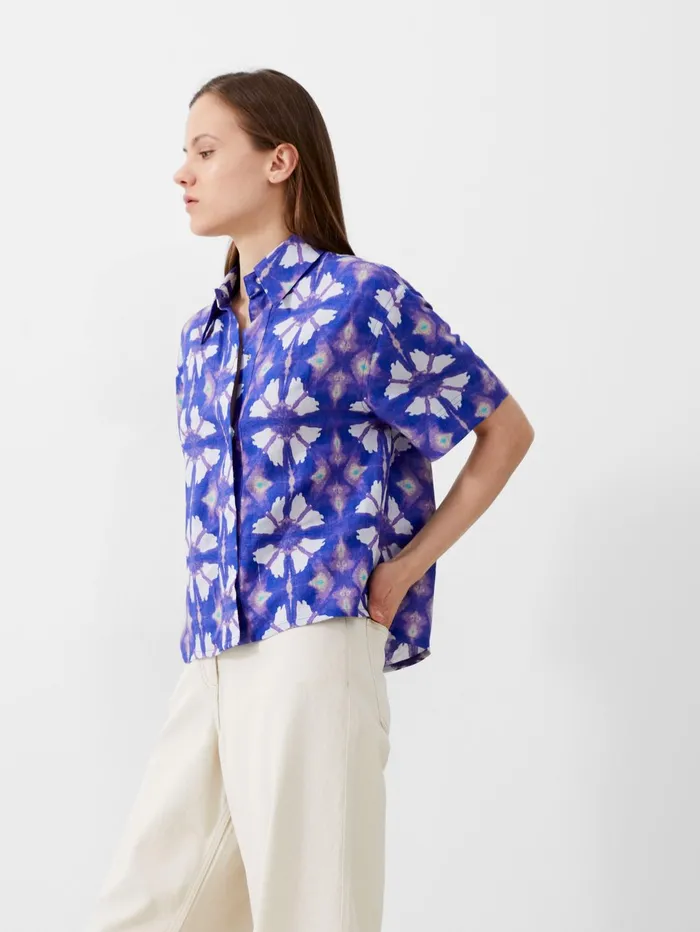 French Connection Dory Birdie Linen Short Sleeve Shirt Royal Blue Woman Coords