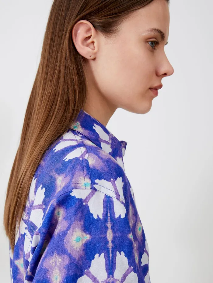 French Connection Dory Birdie Linen Short Sleeve Shirt Royal Blue Woman Coords