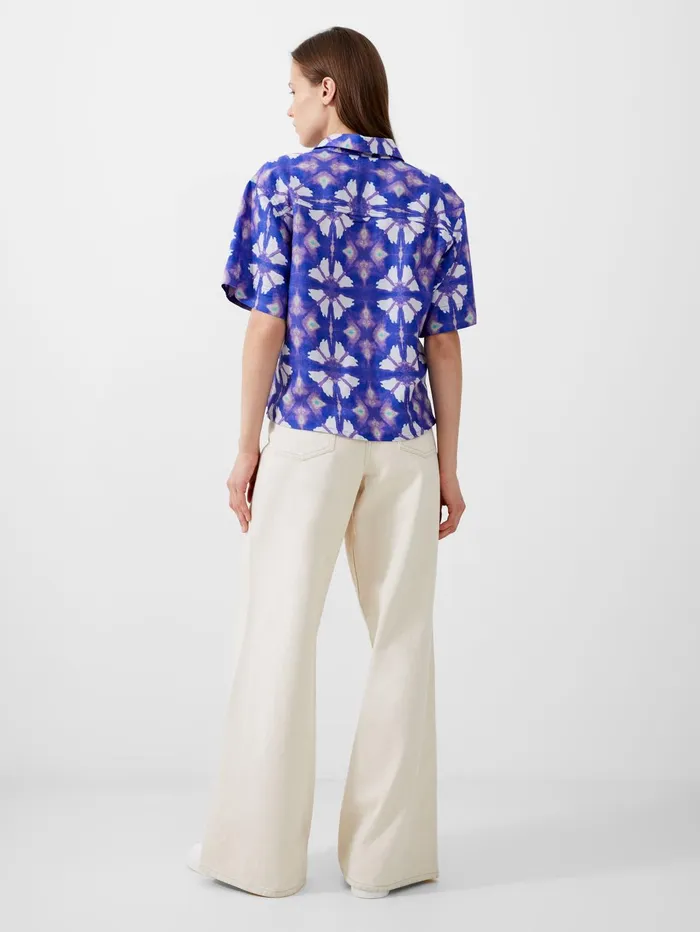 French Connection Dory Birdie Linen Short Sleeve Shirt Royal Blue Woman Coords