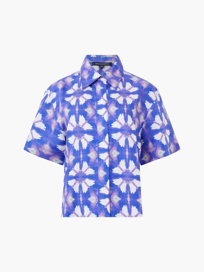 French Connection Dory Birdie Linen Short Sleeve Shirt Royal Blue Woman Coords