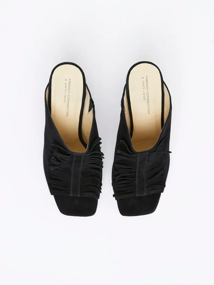 French Connection Flora Fringed Mules Black Woman Shoes
