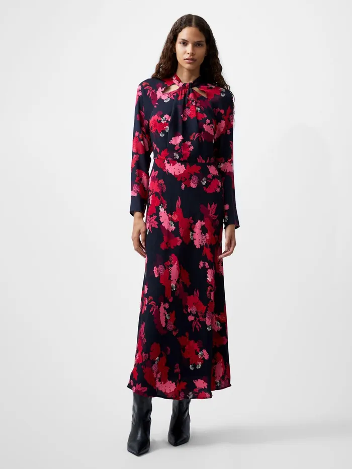 French Connection Foliage Chiara Tie Knot Neck Midi Dress Blackout Multi Woman Dresses French Connection Foliage Chiara Tie Knot Neck Midi Dress Blackout Multi Woman Dresses