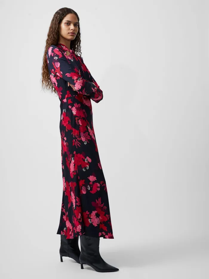 French Connection Foliage Chiara Tie Knot Neck Midi Dress Blackout Multi Woman Dresses