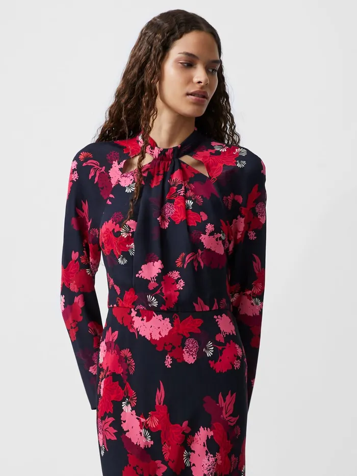 French Connection Foliage Chiara Tie Knot Neck Midi Dress Blackout Multi Woman Dresses