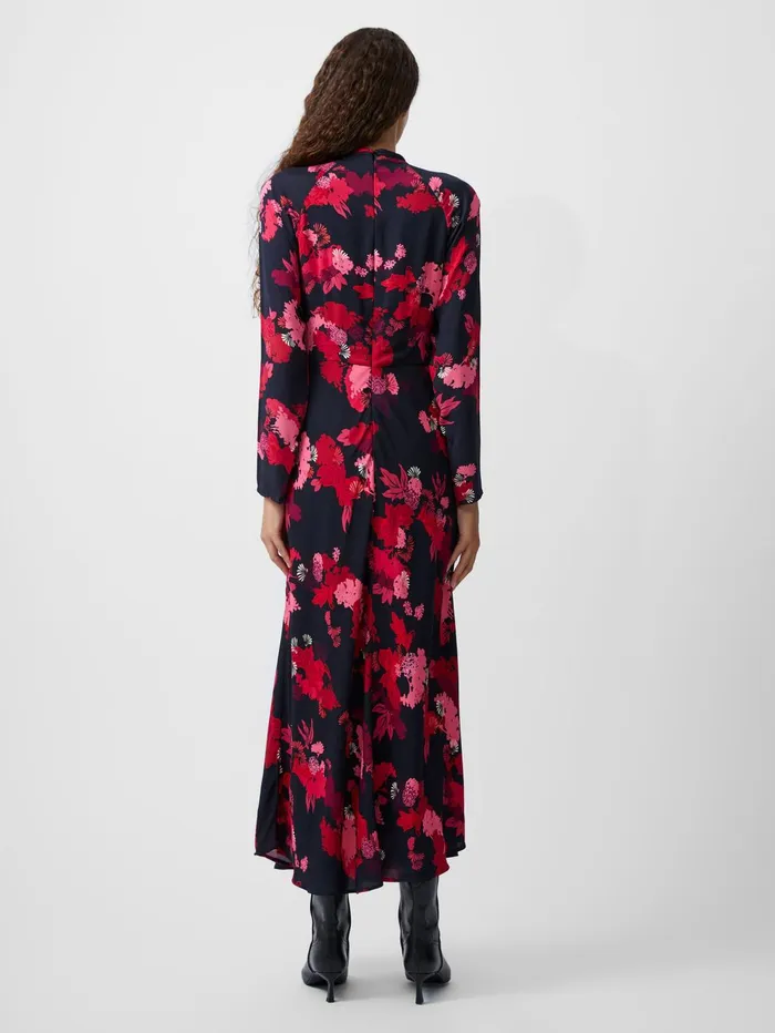 French Connection Foliage Chiara Tie Knot Neck Midi Dress Blackout Multi Woman Dresses