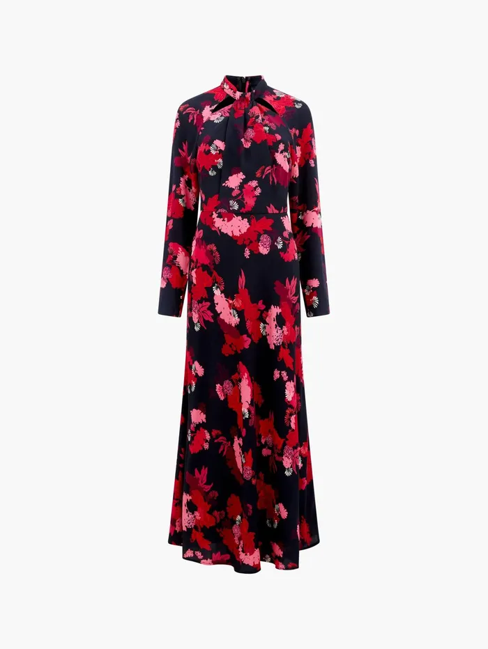 French Connection Foliage Chiara Tie Knot Neck Midi Dress Blackout Multi Woman Dresses