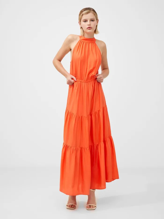 French Connection Halter Viscose Tiered Maxi Dress Amber Sunrise Woman Maxi Dresses