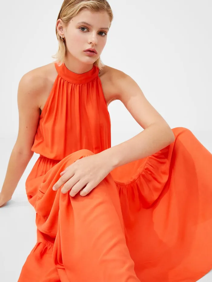 French Connection Halter Viscose Tiered Maxi Dress Amber Sunrise Woman Maxi Dresses