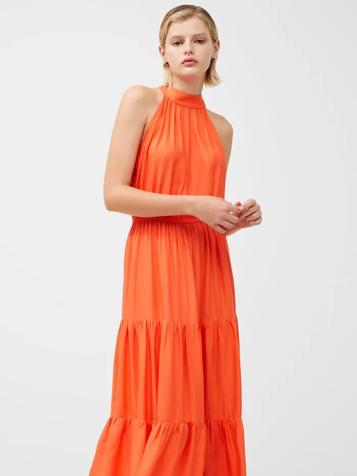 French Connection Halter Viscose Tiered Maxi Dress Amber Sunrise Woman Maxi Dresses