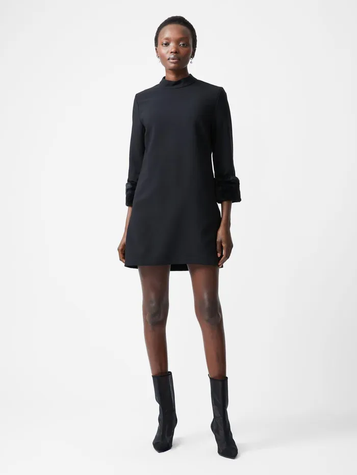 French Connection Luxe Faux Fur Three Quarter Sleeve Cuffs Mini Dress S Black Woman Dresses