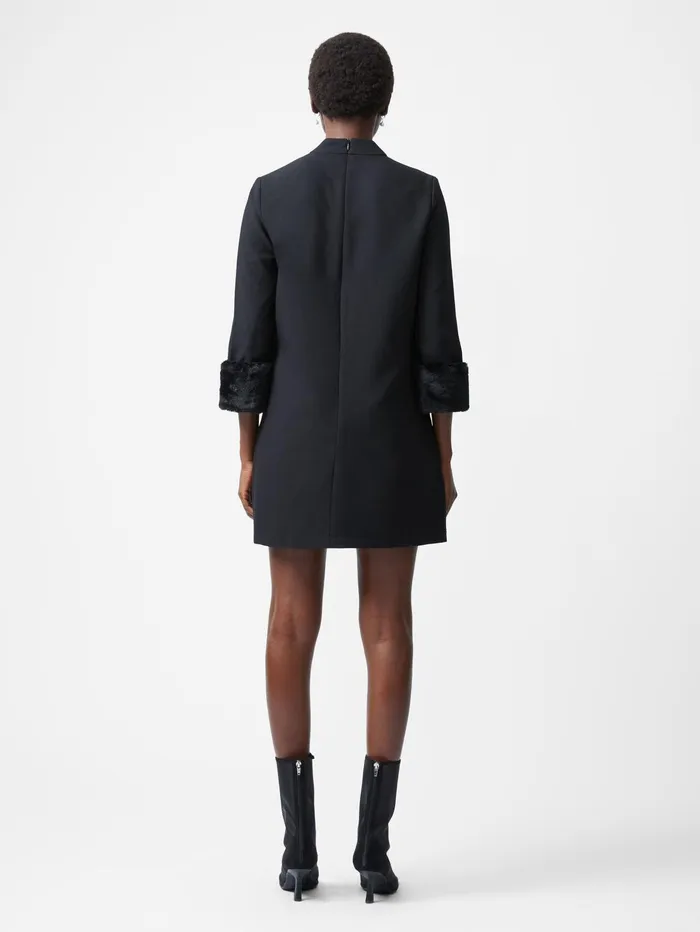 French Connection Luxe Faux Fur Three Quarter Sleeve Cuffs Mini Dress S Black Woman Dresses