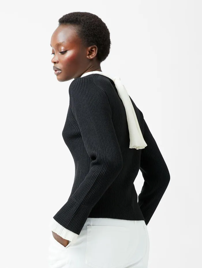 French Connection Melody Pleated Bow Long Sleeve Top BlackPorcelain Cream Woman Jumpers and Cardigans French Connection Melody Pleated Bow Long Sleeve Top BlackPorcelain Cream Woman Jumpers and Cardigans