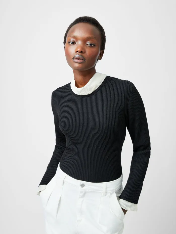French Connection Melody Pleated Bow Long Sleeve Top BlackPorcelain Cream Woman Jumpers and Cardigans