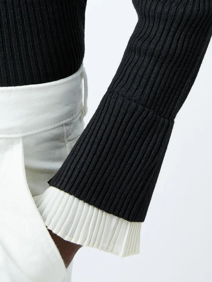 French Connection Melody Pleated Bow Long Sleeve Top BlackPorcelain Cream Woman Jumpers and Cardigans