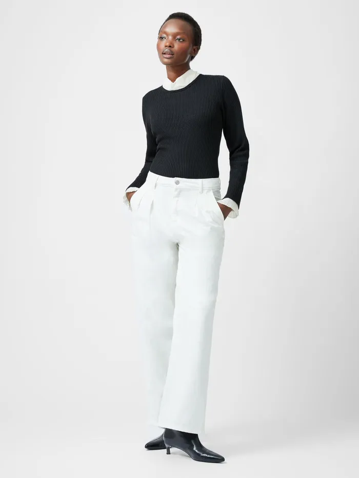 French Connection Melody Pleated Bow Long Sleeve Top BlackPorcelain Cream Woman Jumpers and Cardigans