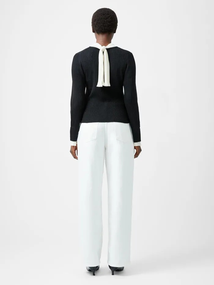 French Connection Melody Pleated Bow Long Sleeve Top BlackPorcelain Cream Woman Jumpers and Cardigans