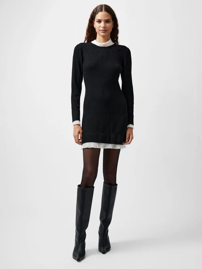 French Connection Melody Pleated Mix Mini Dress BlackPorcelain Cream Woman Dresses