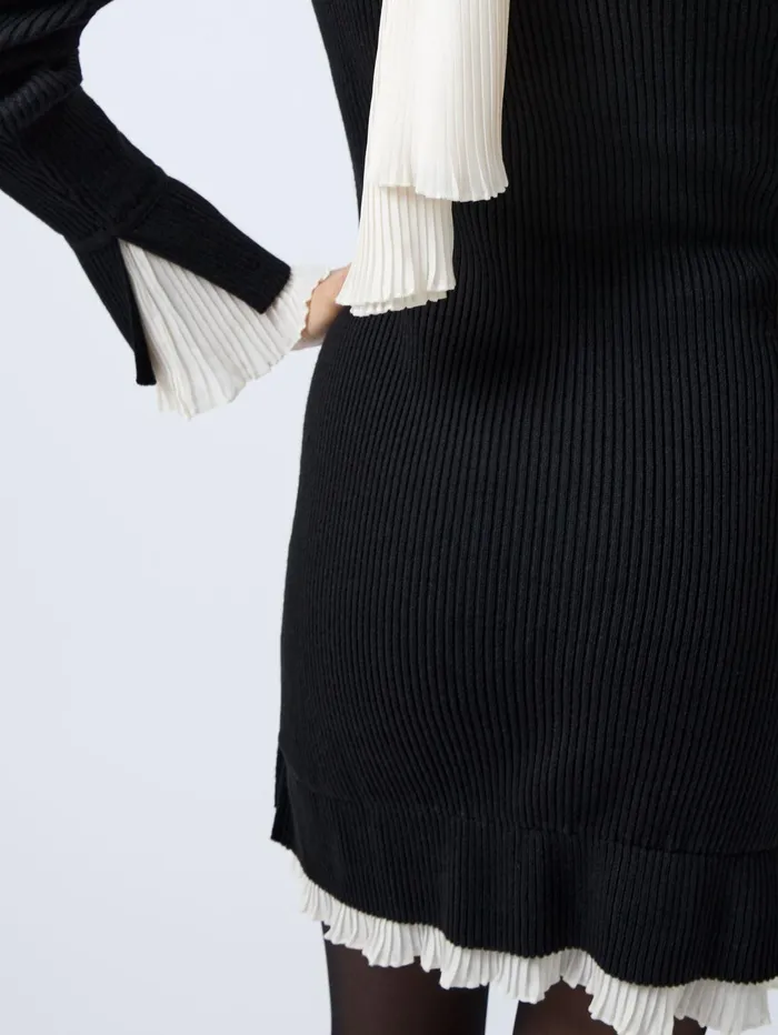 French Connection Melody Pleated Mix Mini Dress BlackPorcelain Cream Woman Dresses