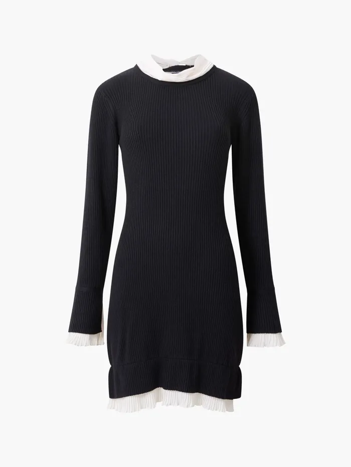 French Connection Melody Pleated Mix Mini Dress BlackPorcelain Cream Woman Dresses