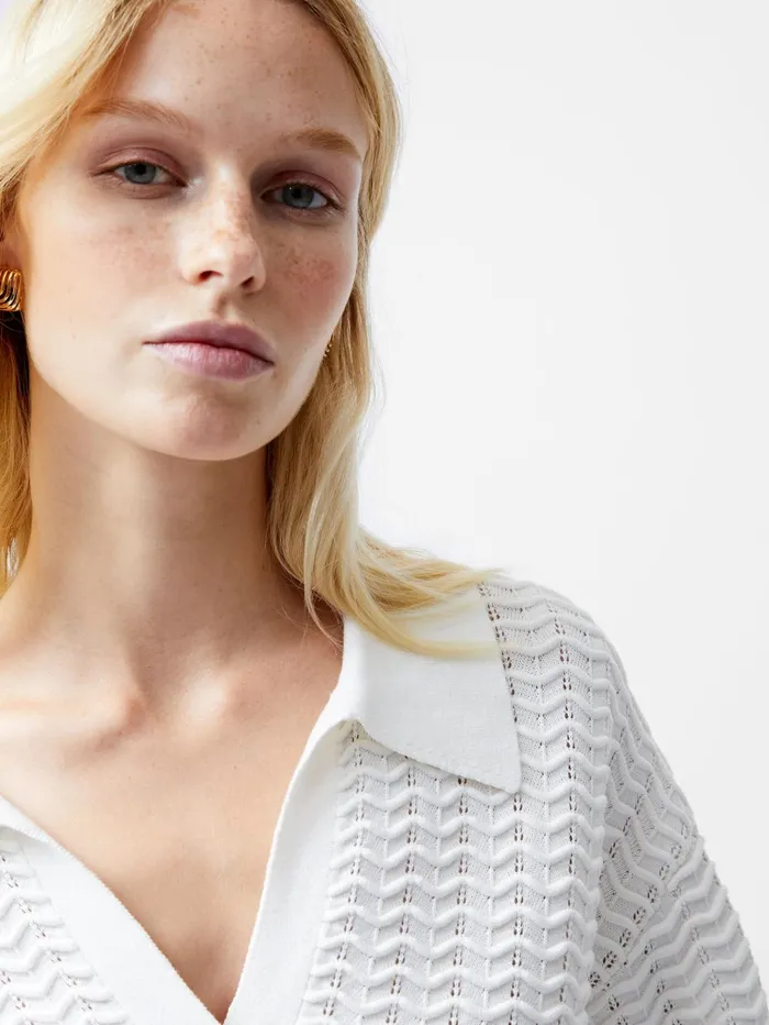 French Connection Mozart Knitted Long Sleeve Polo Shirt Summer White Woman Jumpers and Cardigans