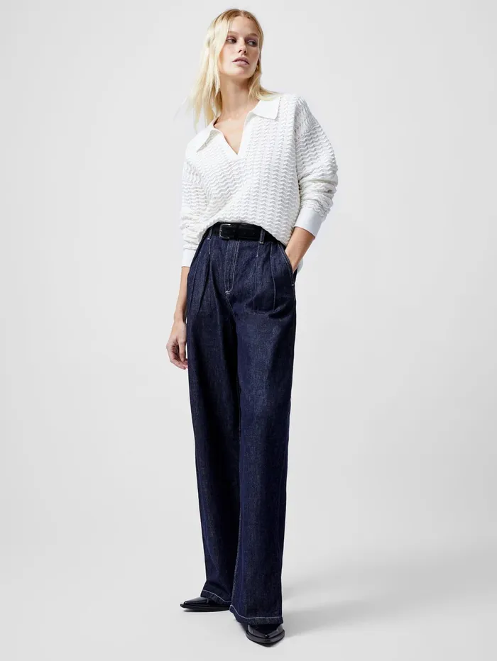 French Connection Mozart Knitted Long Sleeve Polo Shirt Summer White Woman Jumpers and Cardigans