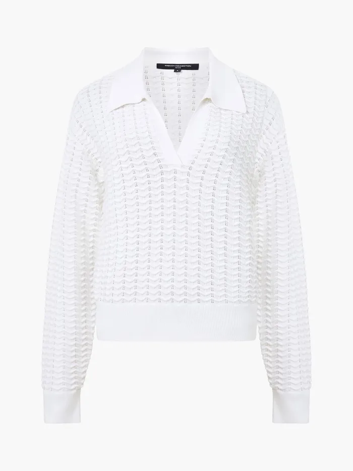 French Connection Mozart Knitted Long Sleeve Polo Shirt Summer White Woman Jumpers and Cardigans