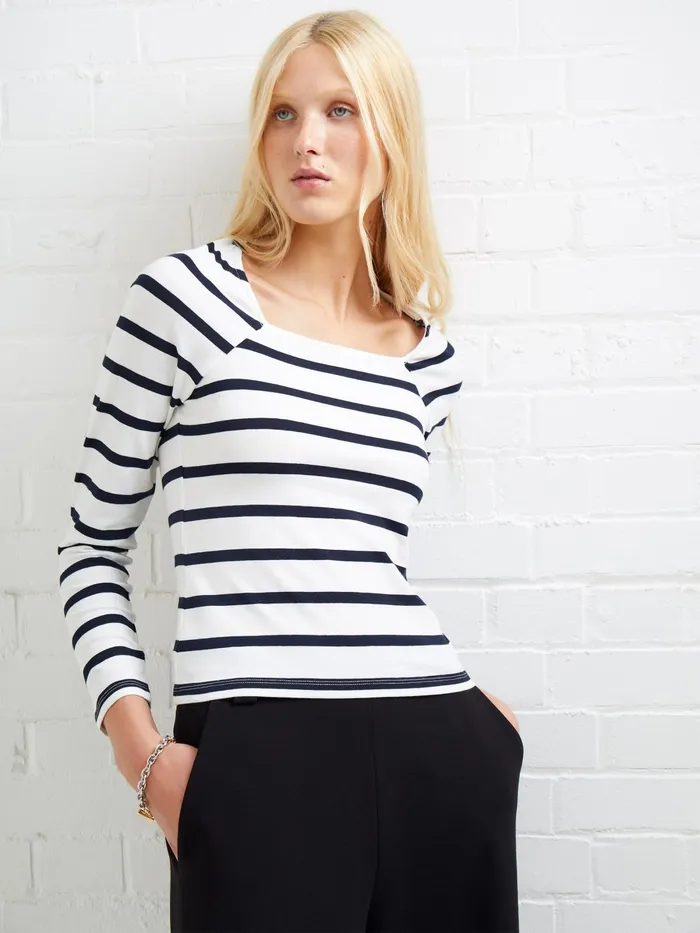 French Connection Rallie Stripe Square Neck Long Sleeve Top White Marine Woman Tops