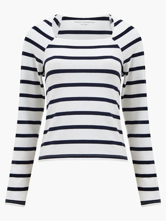 French Connection Rallie Stripe Square Neck Long Sleeve Top White Marine Woman Tops