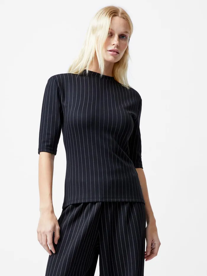 French Connection Regina Jersey Pinstripe Shoulder Pad TShirt BlackWhite Woman Tops