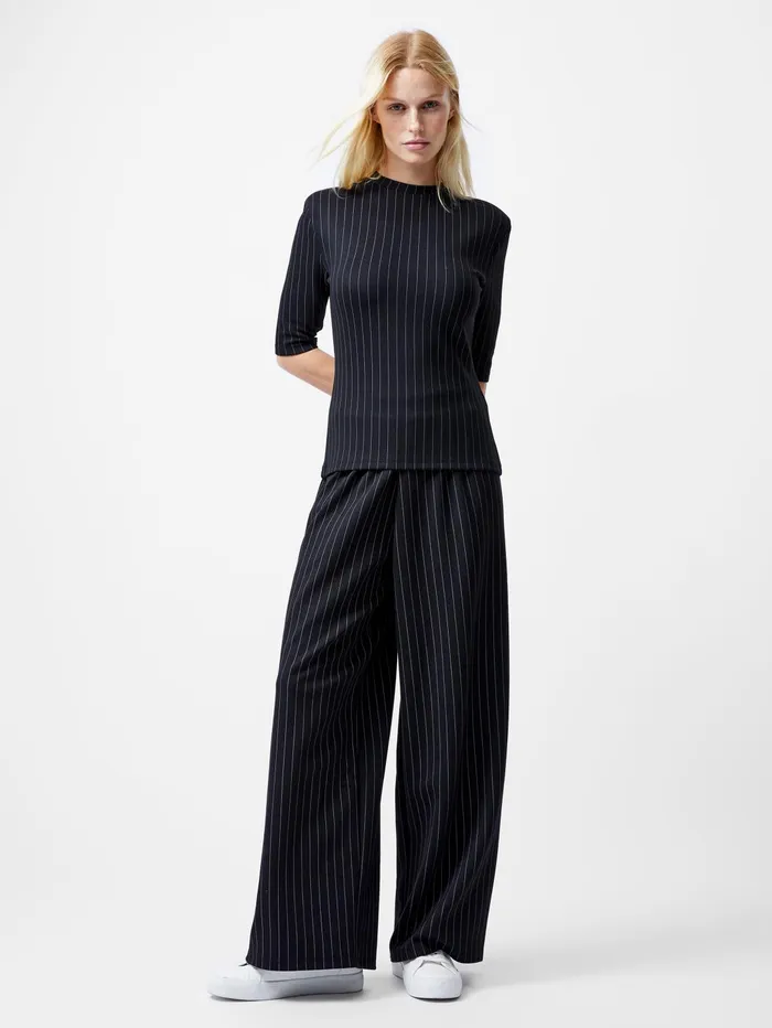 French Connection Regina Jersey Pinstripe Shoulder Pad TShirt BlackWhite Woman Tops