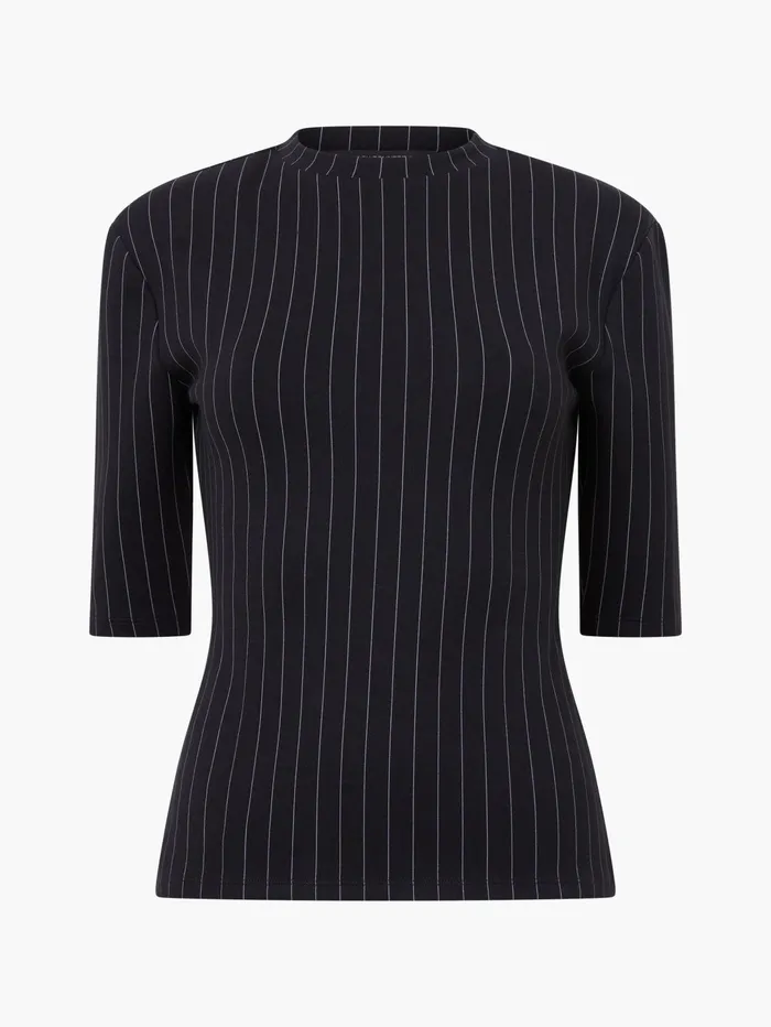 French Connection Regina Jersey Pinstripe Shoulder Pad TShirt BlackWhite Woman Tops