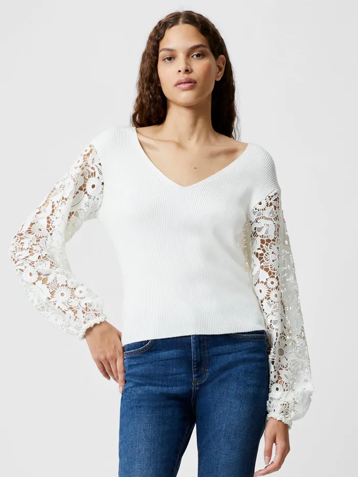 French Connection Ribbed VNeck Lace Sleeve Jumper Winter White Woman Jumpers and Cardigans French Connection Ribbed VNeck Lace Sleeve Jumper Winter White Woman Jumpers and Cardigans