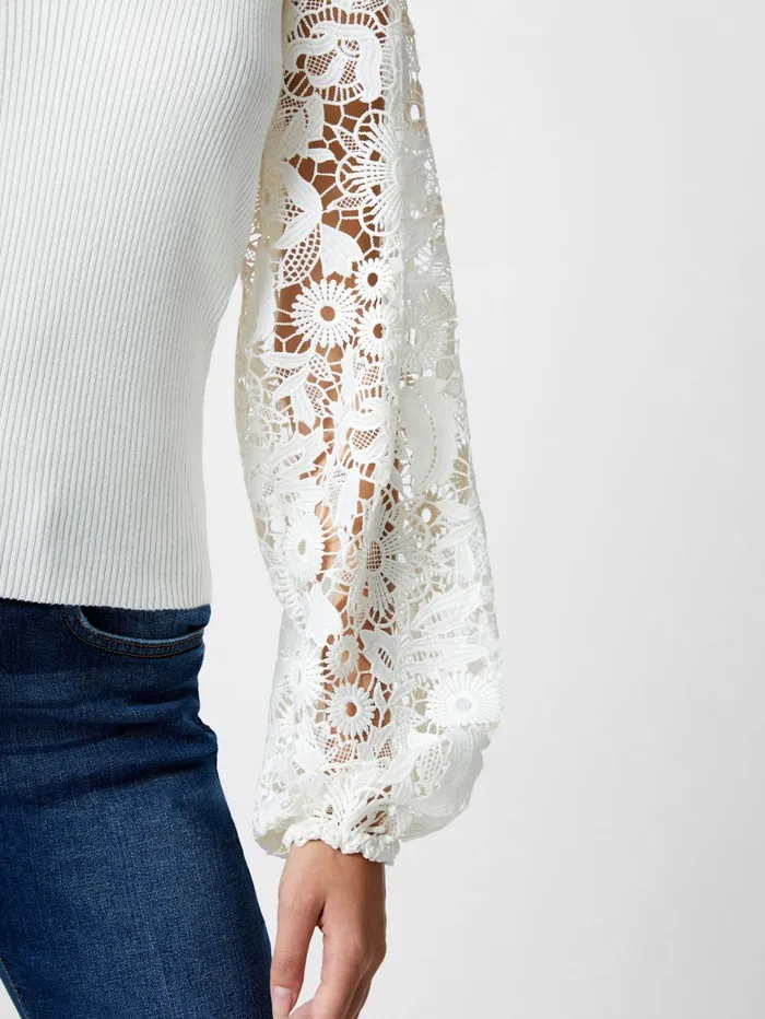 French Connection Ribbed VNeck Lace Sleeve Jumper Winter White Woman Jumpers and Cardigans